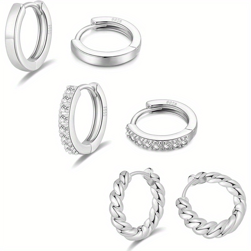 

6pc S925 Sterling Silver Women's Hoop Earrings Set Lightweight Inlaid Zircon Earrings Hypoallergenic Jewelry For Women's Holiday Gift