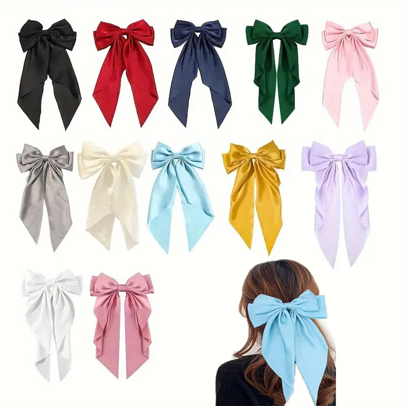 

12pcs Elegant Solid Color Ribbon Bowknot Shaped Hair Clips, Trendy Hair Barrettes For Women, Wear Hair Accessories