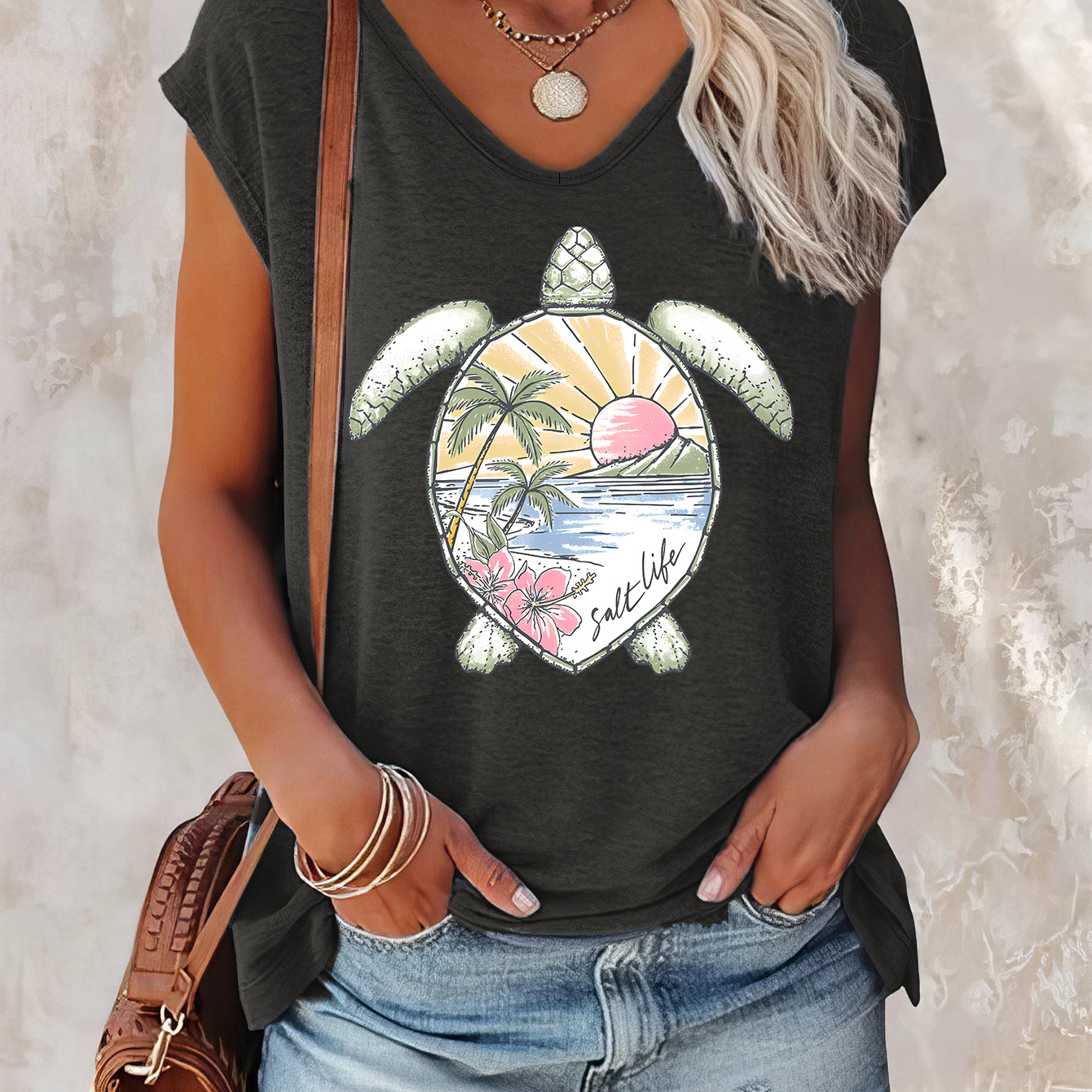 

Turtle Print Cap Sleeve Top, Casual Top For Summer & Spring, Women's Clothing