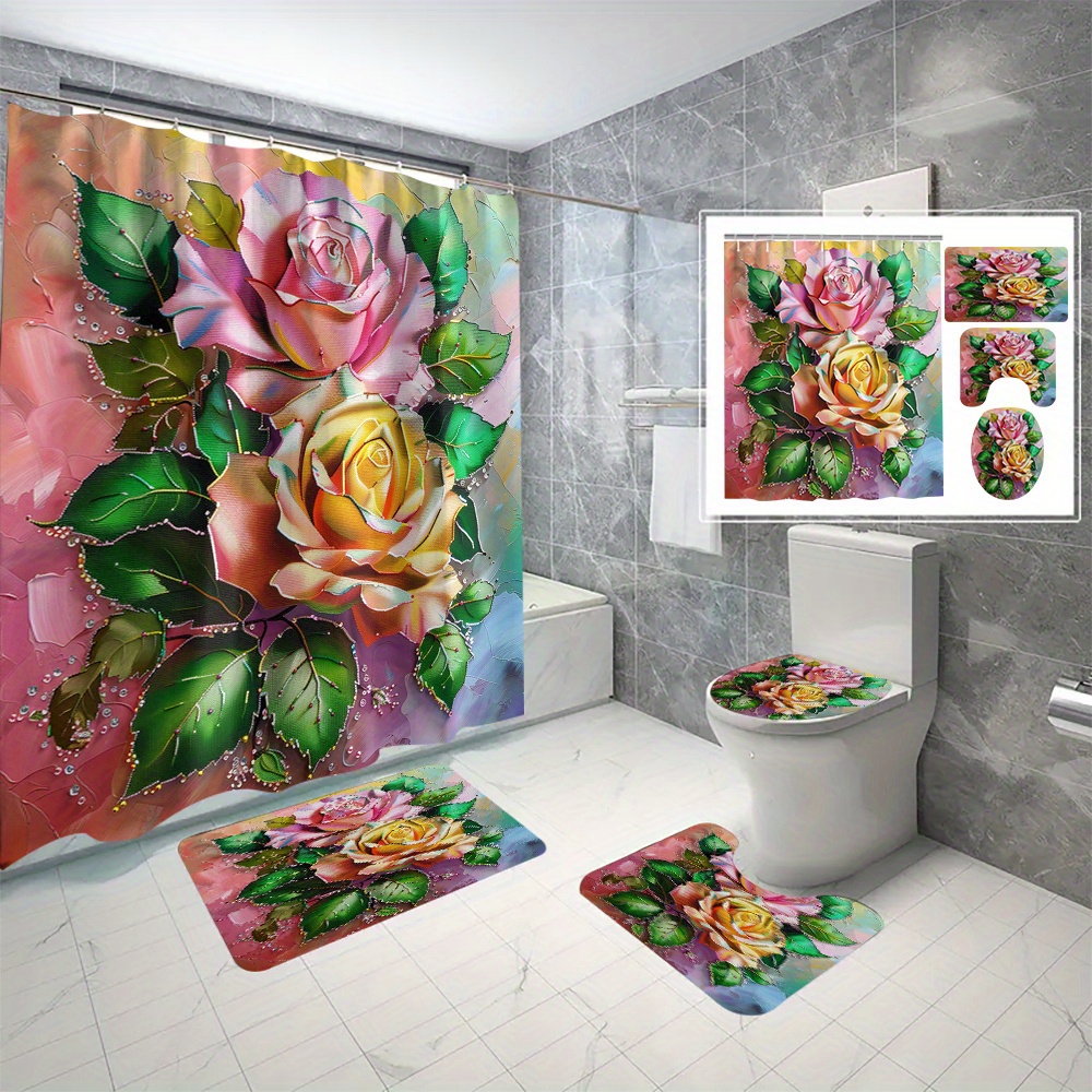 

4pcs Rose Floral Shower Curtain Set - Waterproof, No-drill Installation With Hooks Included, Machine Washable Polyester Bathroom Decor