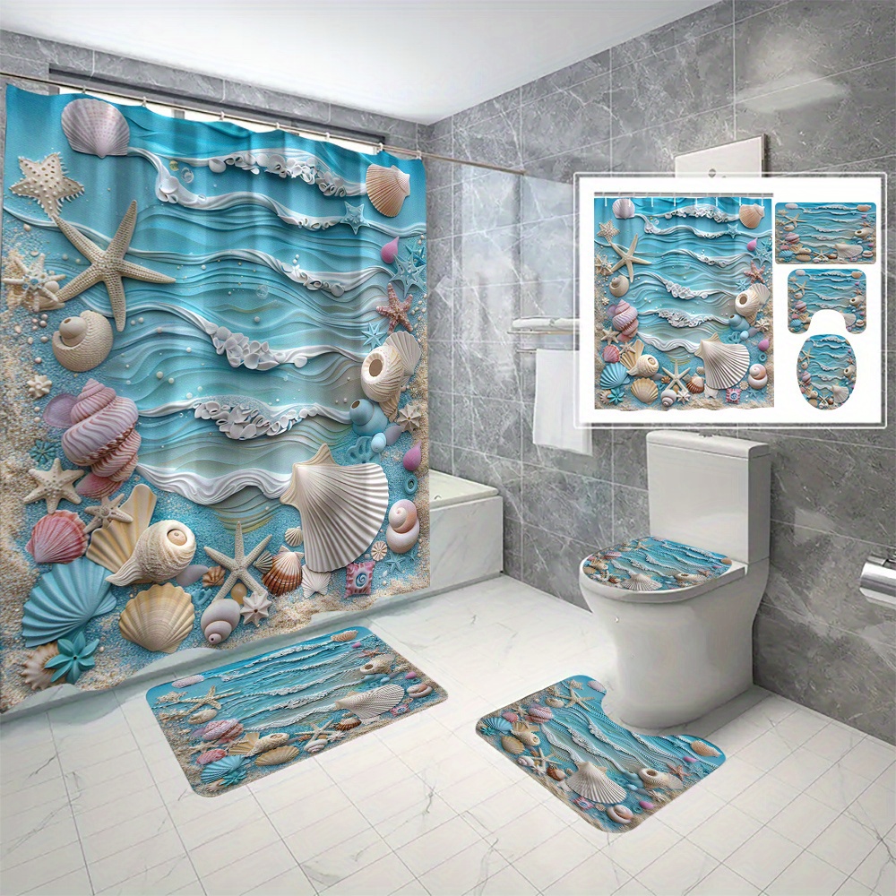 

4pcs/set Ocean Theme 3d Digital Print Shell Bathroom Partition Curtain, Waterproof And Anti-mildew Shower Curtain Set With C-type Hooks, Easy Installation, No Drilling Required