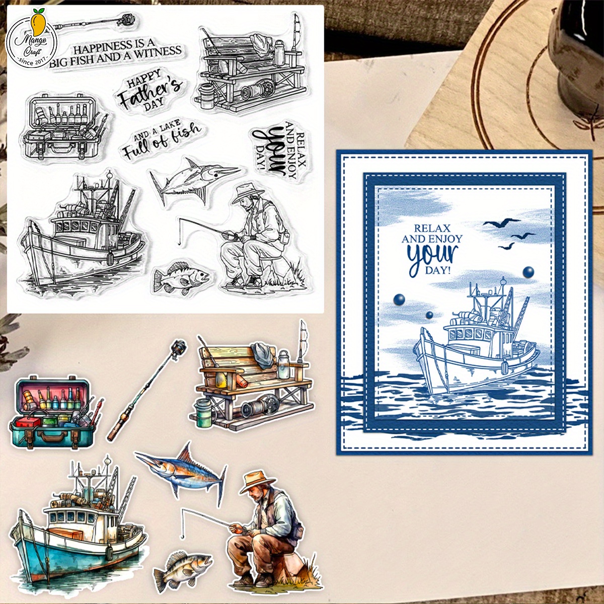 

Fishing Accessories And Boat Clear Stamps Happy Father's Day Gifts Diy Scrapbooking Supplies Silicone Stamp For Card Albums Crafts Decor