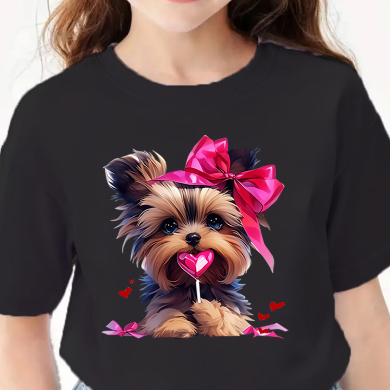 

Dog Graphic Print Creative T-shirts, Soft & Elastic Comfy Crew Neck Short Sleeve Tee, Girls' Causal Summer Tops