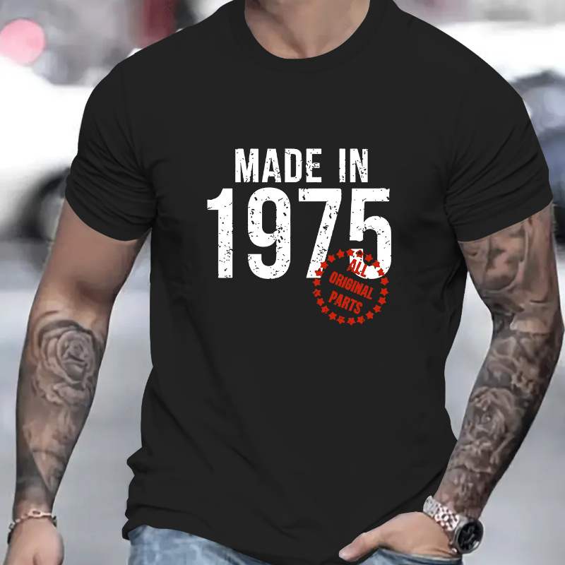 

Vintage 1975 Print, Men's Round Crew Neck Short Sleeve, Simple Style Tee Fashion Regular Fit T-shirt, Casual Comfy Breathable Top For Spring Summer Holiday Leisure Vacation Men's Clothing As Gift