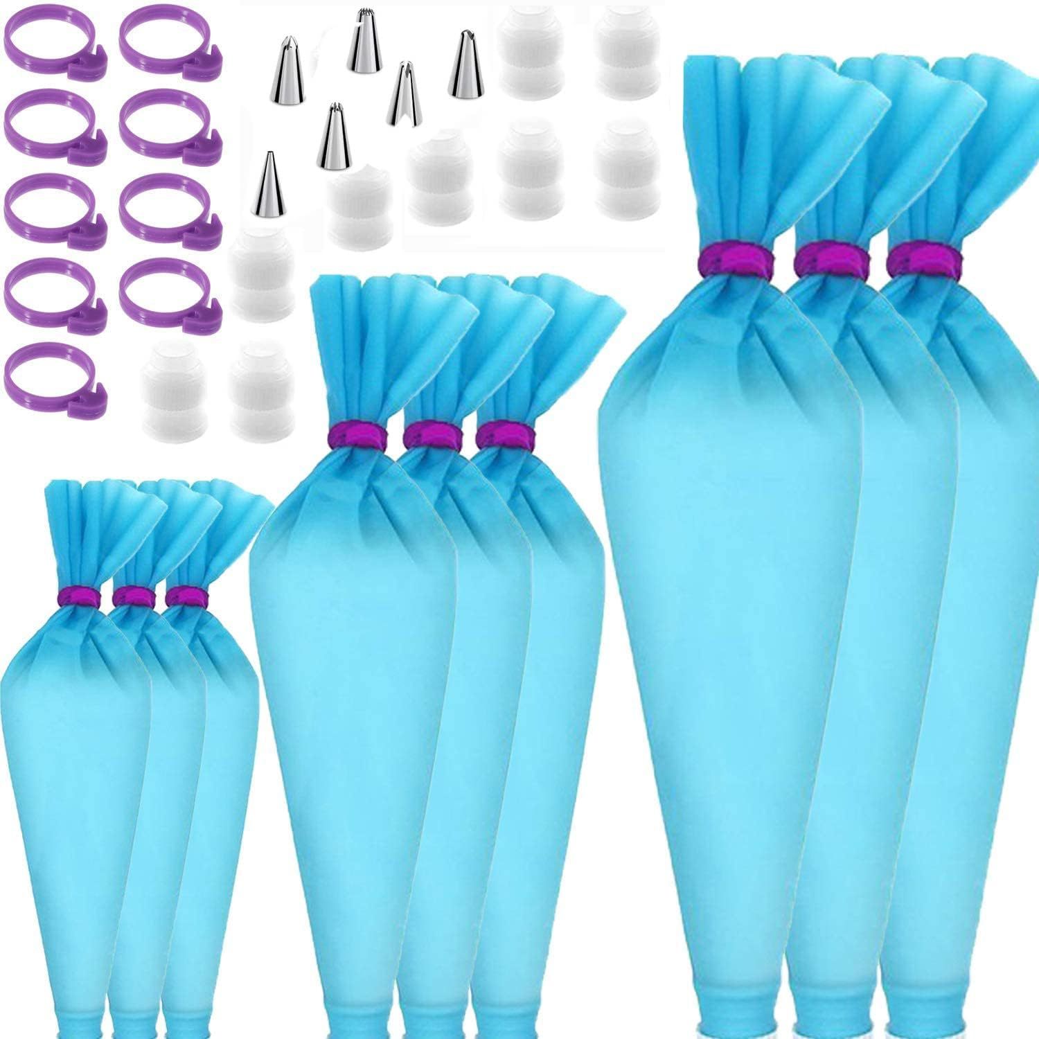

33 Pcs Reusable Piping Bags And Tips Set - Silicone Icing Bags With Tips - Cake Decorating Kit Of 9 Pastry Bags 12, 14 & 16 Inch - 9 Couplers, 9 Bag Ties, 6 Frosting Tips