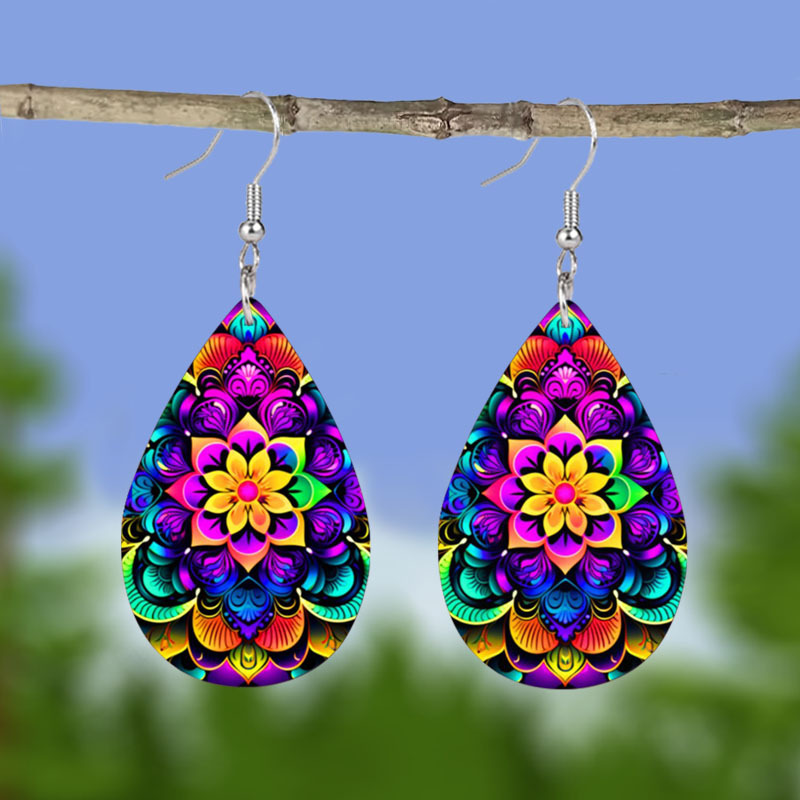 

Bohemian Style Purple Mandala Flower Drop-shaped Leather Earrings - Couples, Bestie Gifts, Party Jewelry, And Birthday Presents For