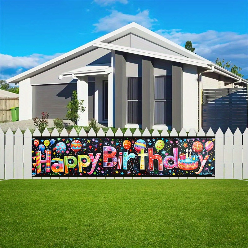 

Happy Birthday Banner With Black Cake Design - Durable Polyester, Easy Hang For Indoor/outdoor Decor, Perfect For Garden, Fence, Balcony & Lawn Celebrations