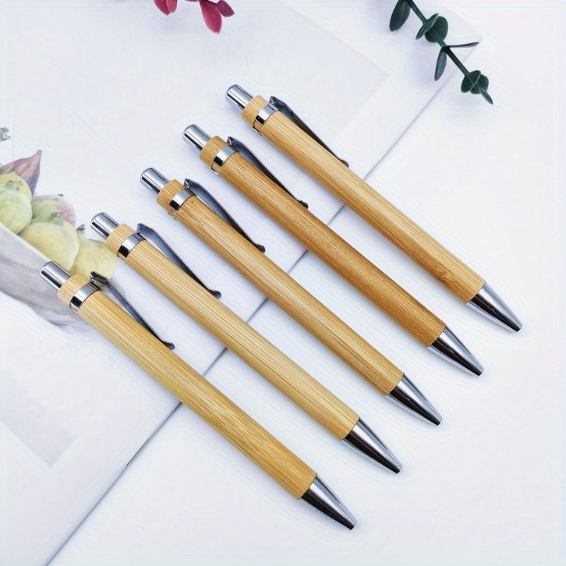 

10pcs Bamboo Ballpoint Pens - Broad Point, Retractable, Wood Body, Metal Clip, Black Refill For Office Use - Ideal For 14+ Age Group