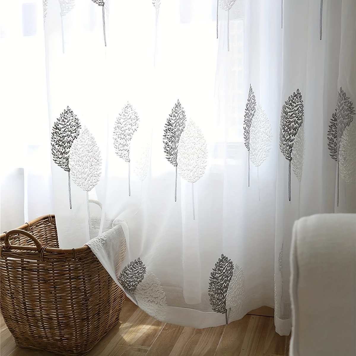 Image of 2pcs Pastoral Style Leaf Embroidery Sheer Curtain Easy Translucent Tulle Rod Pocket Curtain Embroidery Thin Curtain, Suitable For Living Room Bedroom Home Decor