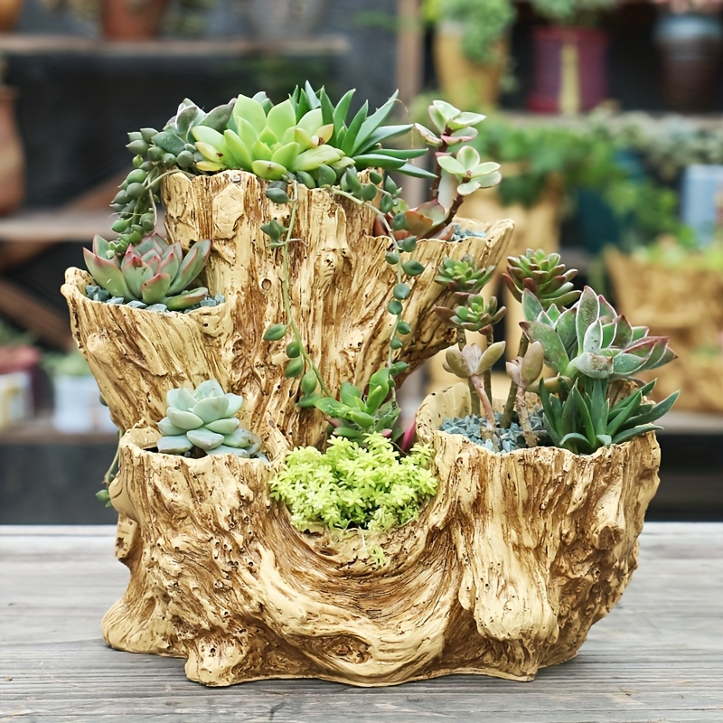 

sustainable Decor" Charming Rustic Succulent Planter - Faux Wood Design With Drainage, Resin Pot For Indoor/outdoor Decor