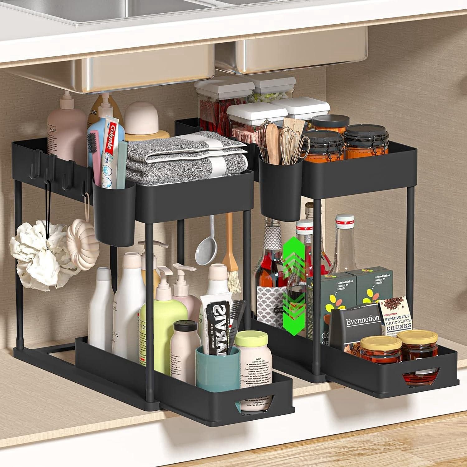 

Organisateur Polyvalent Sous Évier avec Crochets - Panier de Rangement Multi-Usages pour Salle de Bain & Cuisine, Aucun Assemblage Nécessaire, Noir.