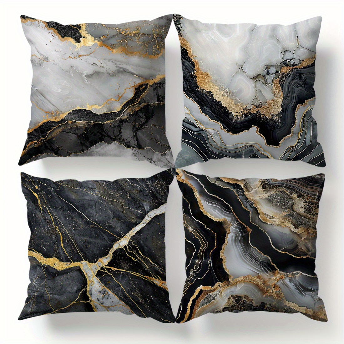 

4pcs Contemporary Black And Gold Marble Pattern Throw Pillow Covers, 45x45cm Peach Skin Velvet Zippered Sofa Cushion Cases, Machine Washable Decorative Pillowcases For Various Room Types