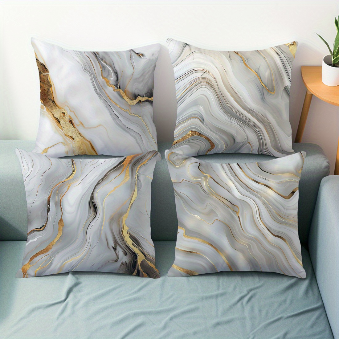 

4-pack Contemporary Grey And Gold Marble Pattern Throw Pillow Covers, Peach Skin Velvet Sofa Cushion Cases, 45x45cm Zippered Polyester Decorative Pillowcases For Various Room Types, Machine Washable