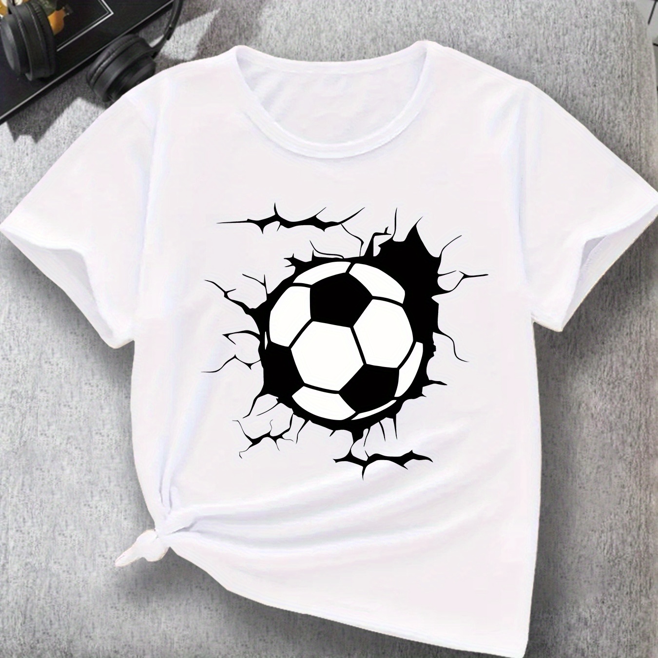 

Cute Soccer Innovative Graphic Print Casual Short Sleeve T-shirt For Boys, Lightweight Comfy Versatile Trendy Tee, Boys Summer Outfits Clothes