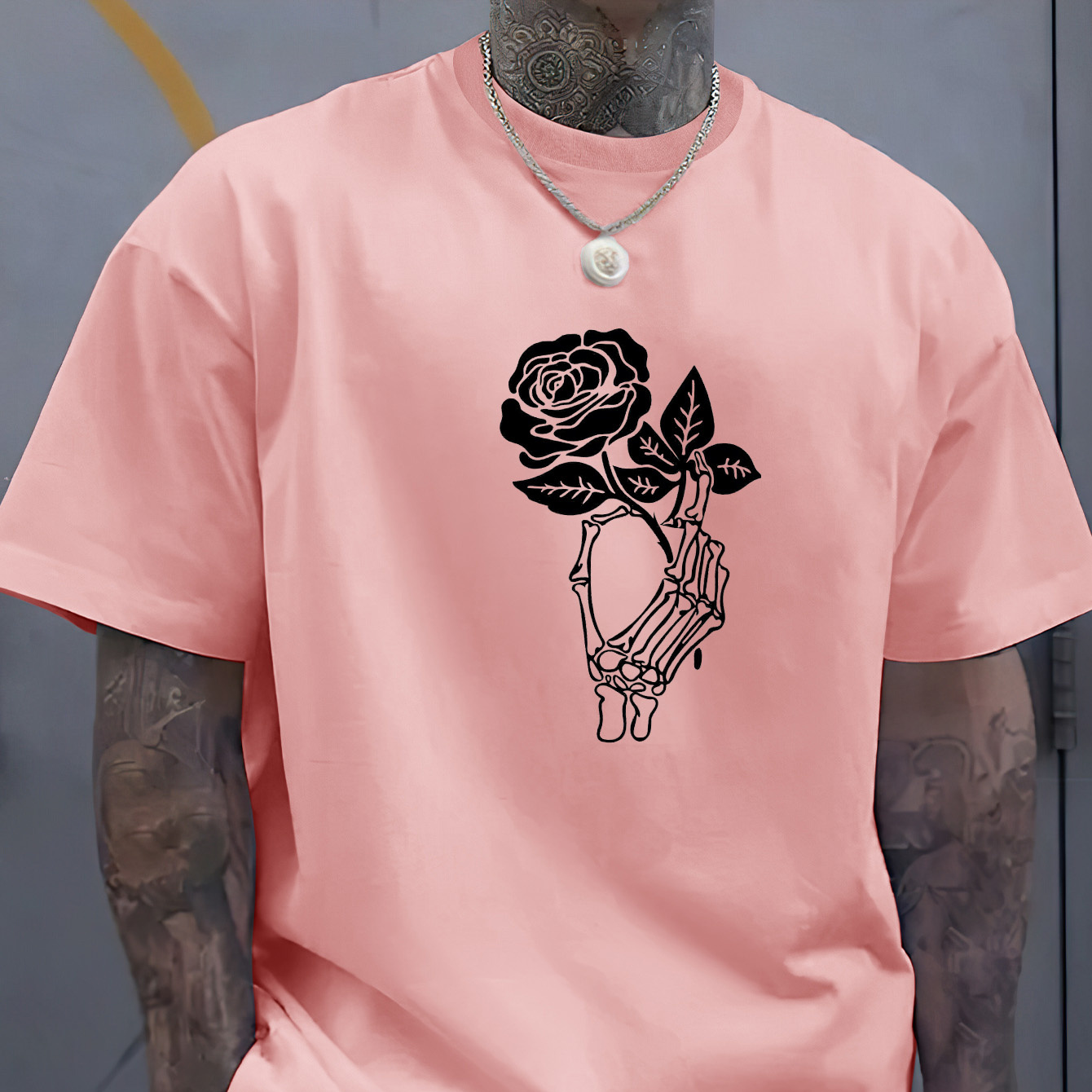 

Rose Creative Print Summer Casual T-shirt Short Sleeve For Men, Sporty Leisure Style, Fashion Crew Neck Top For Daily Wear