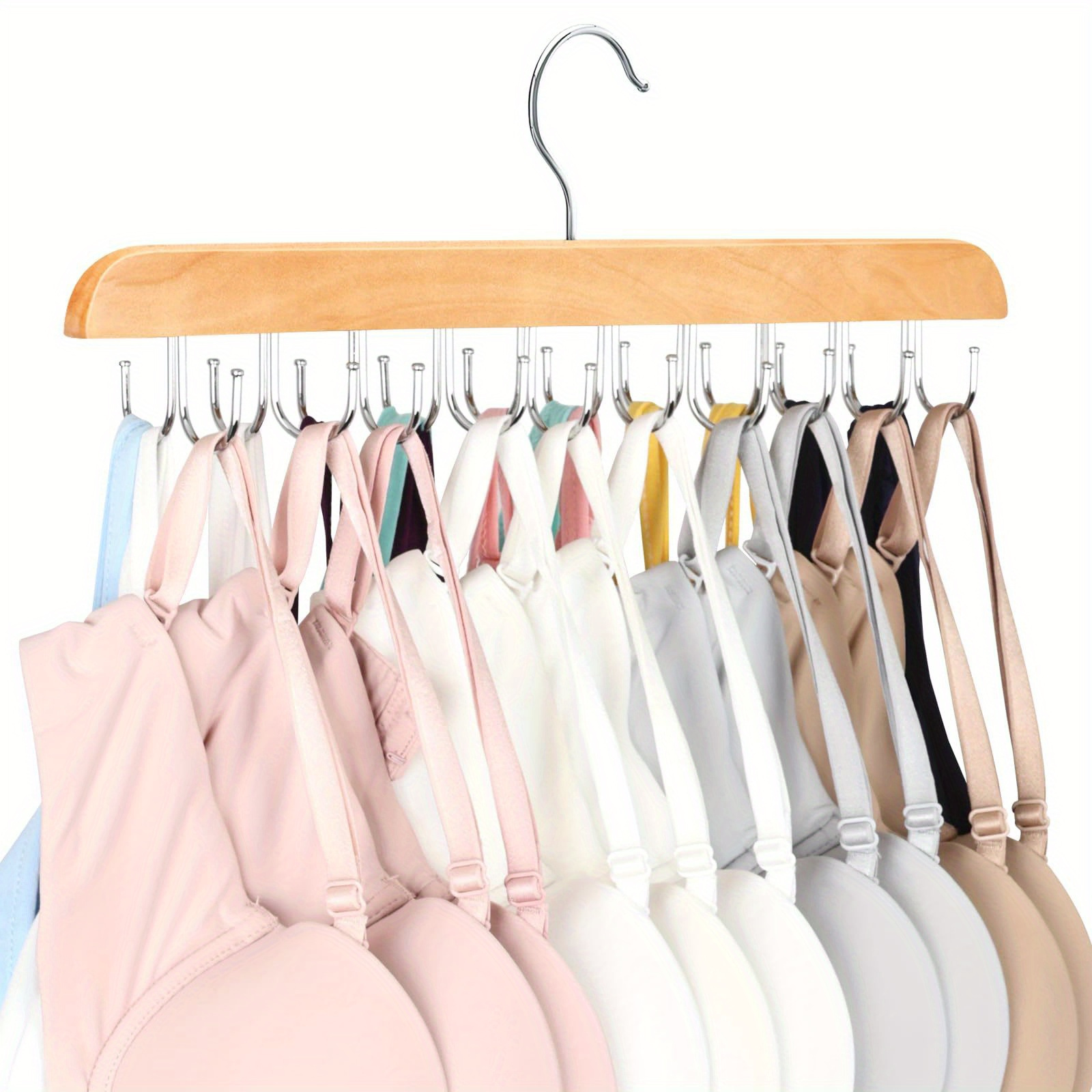 

Wooden Bra Hanger With 20 Hooks - Polished Finish Clothes Organizer Rack For Lingerie, Ties, Scarves, And Accessories - Durable Bedroom & Closet Storage Solution (1pc)