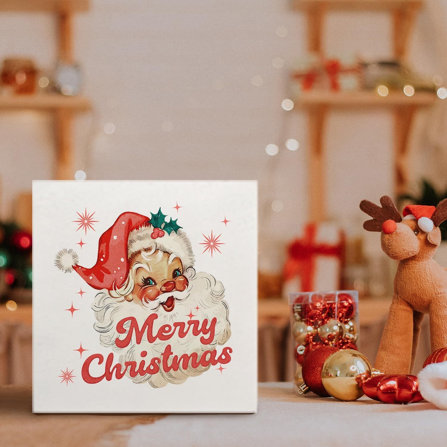サイン入りクリスマスサンタ写真 顔なしサンタ 卓上オーナメント ノルディック柄 ヒゲ クリスマス
