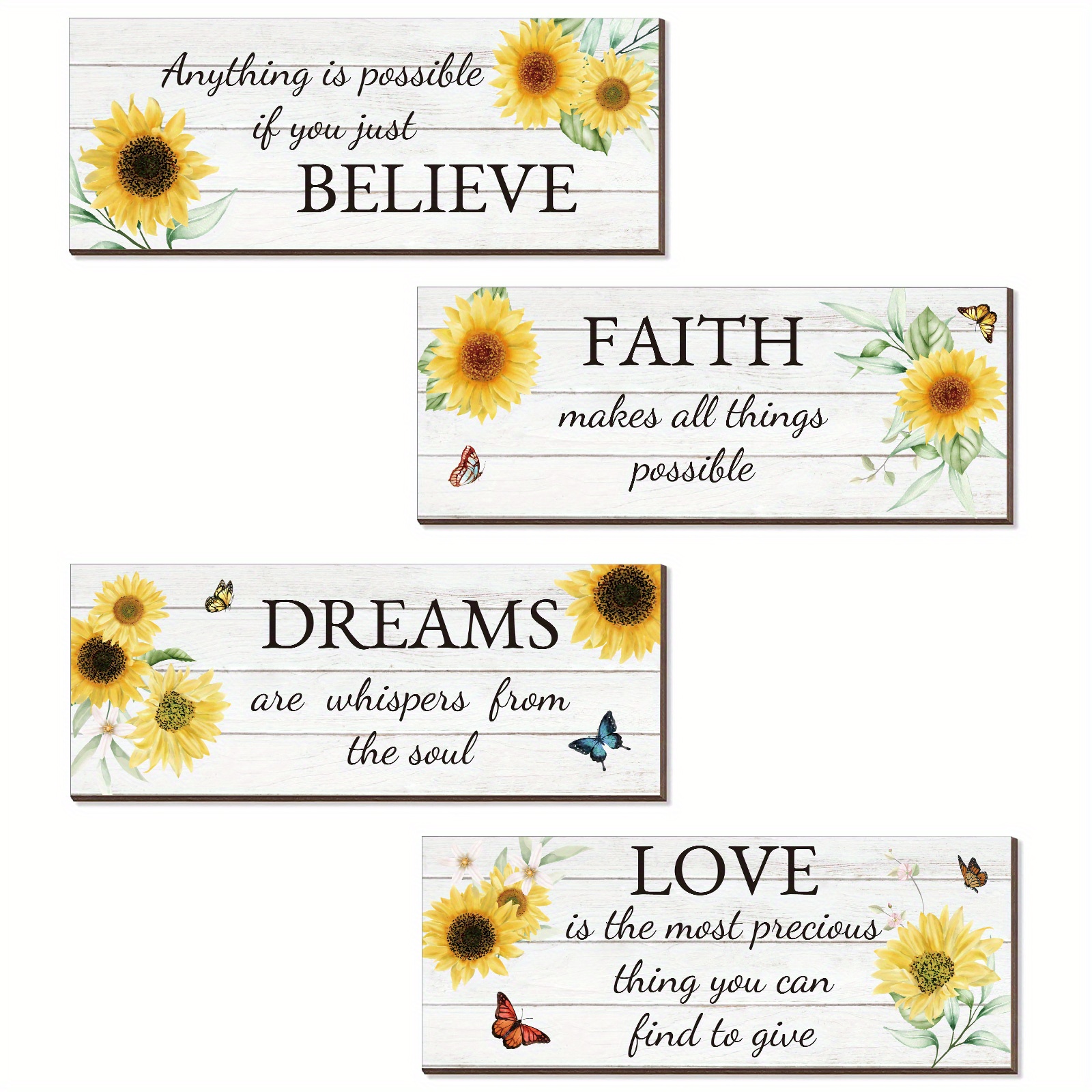 

Set Of 4 Vintage Wooden Posters With Inspirational Quotes | Retro Butterfly-themed Wall Art - Perfect For Home Decor & Gifts