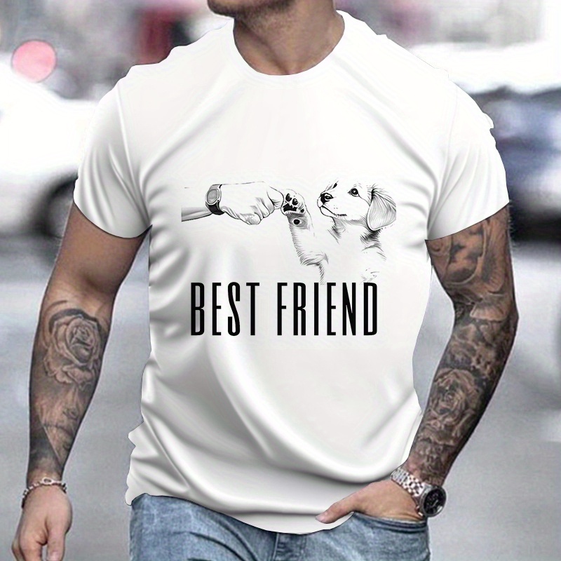

Men's Dog And Fist Pattern And Letter Print "best Friend" Crew Neck And Short Sleeve T-shirt, Casual And Chic Tops For Summer Daily Wear, Perfect Tops As Gifts For Dog Lovers