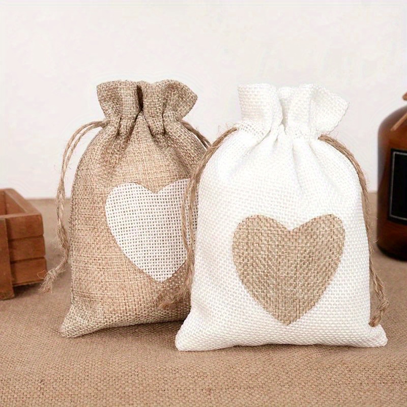 

10pcs Linen Heart-shaped Drawstring Gift Bags For Jewelry, Wedding, Christmas, And Party Favors