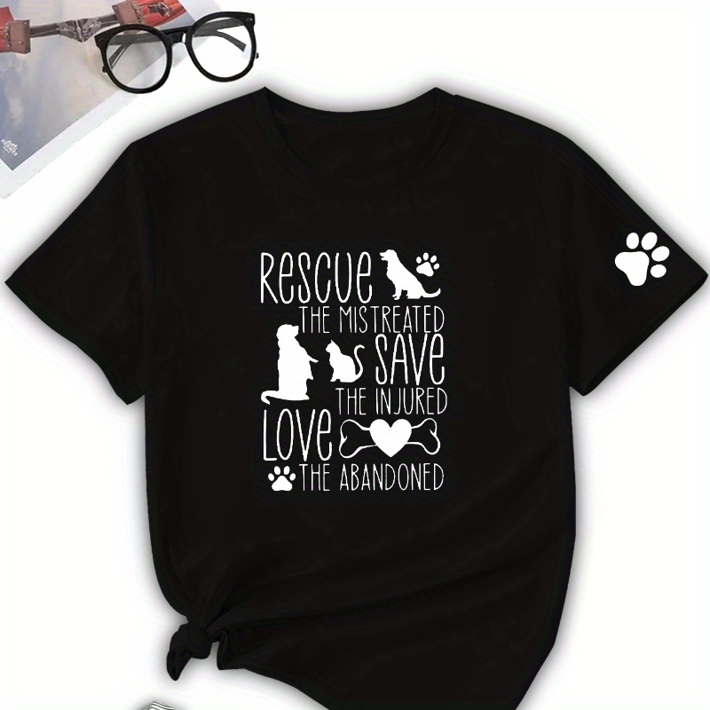 

Dog Cat Letter Print Crew Neck T-shirt, Casual Short Sleeve Top For Spring & Summer, Women's Clothing