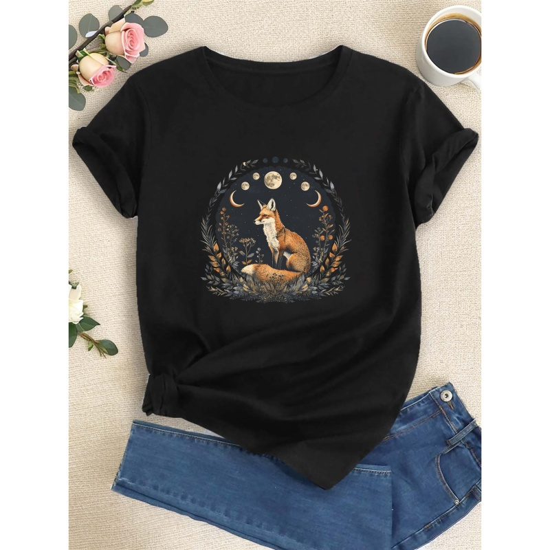 

Enchanting Night Fox Print T-shirt, Short Sleeve Crew Neck Casual Top For Summer & Spring, Women's Clothing