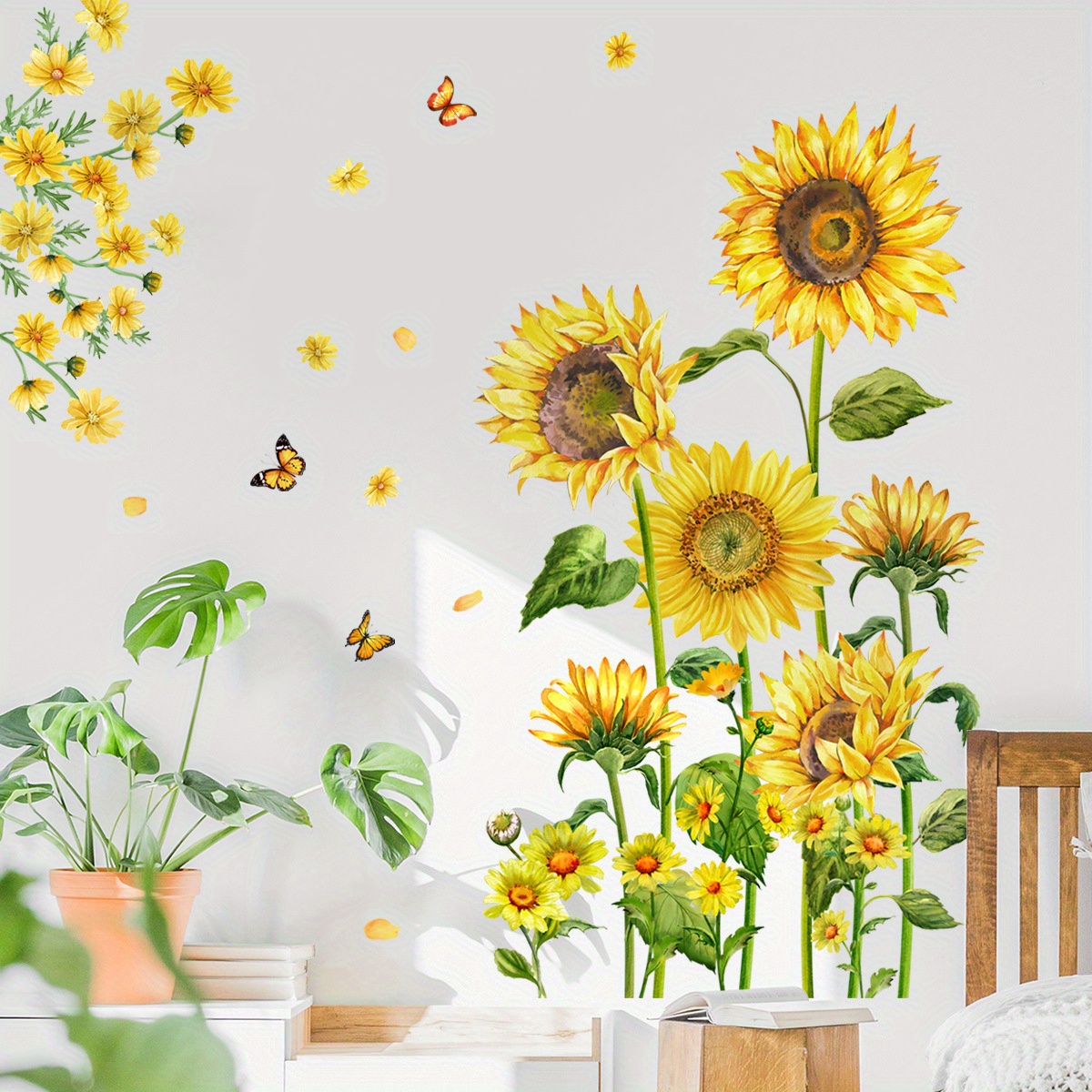 

Sunflower Wall Decals With Butterflies - Contemporary Style Pvc Removable Stickers For Living Room & Bedroom Decor, 1 Pack