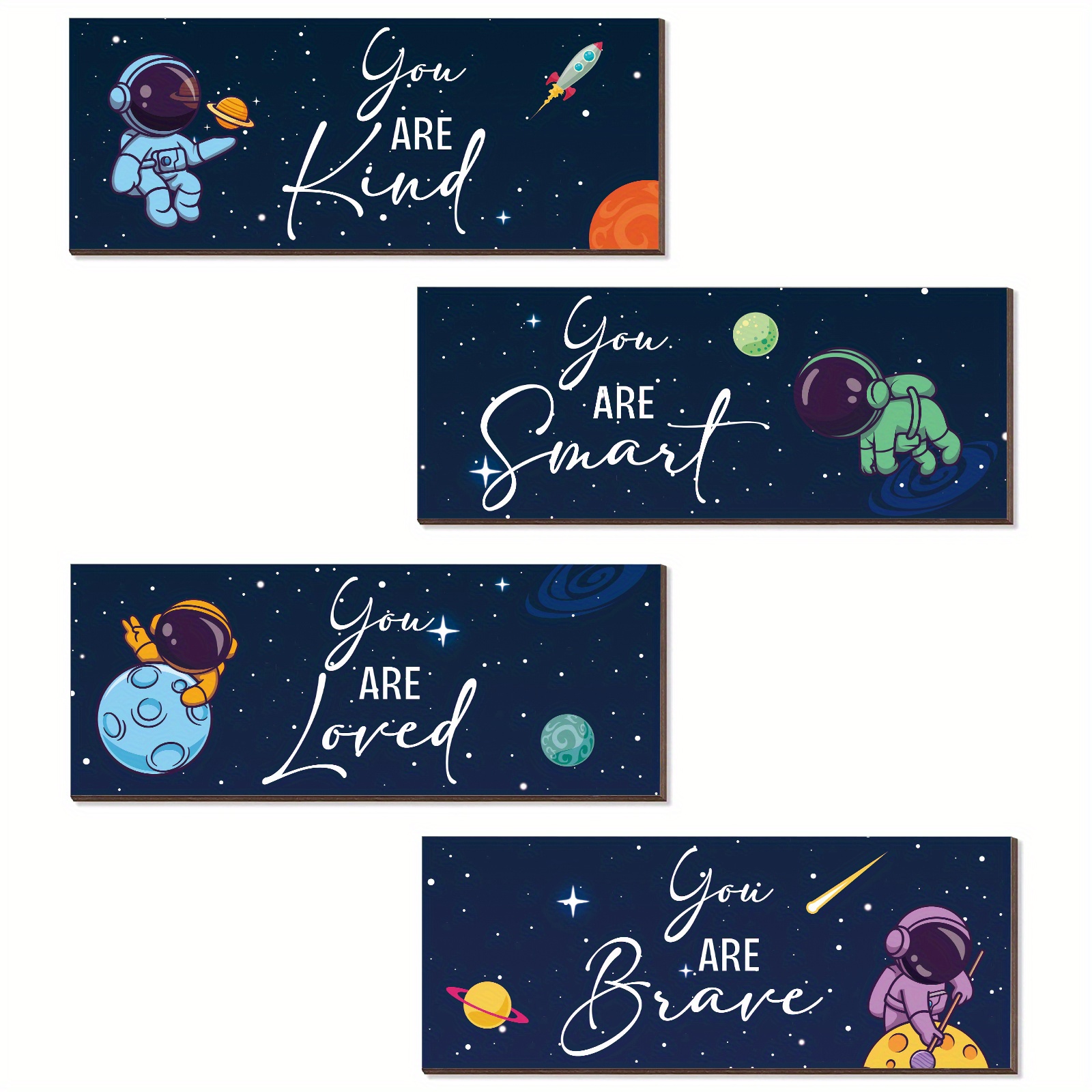 

4pcs Wooden Wall Sign Decorations For Room, Inspirational Outer Space Nursery Hanging Wall Plaques Decor