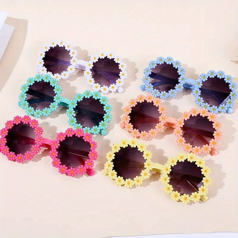 TEMU 6pcs Girl's Trendy Cute Flower Round Glasses, Photo Props, Stylish Accessories, Perfect Gifts For Outdoor Sports, Party, Vacation, Travel