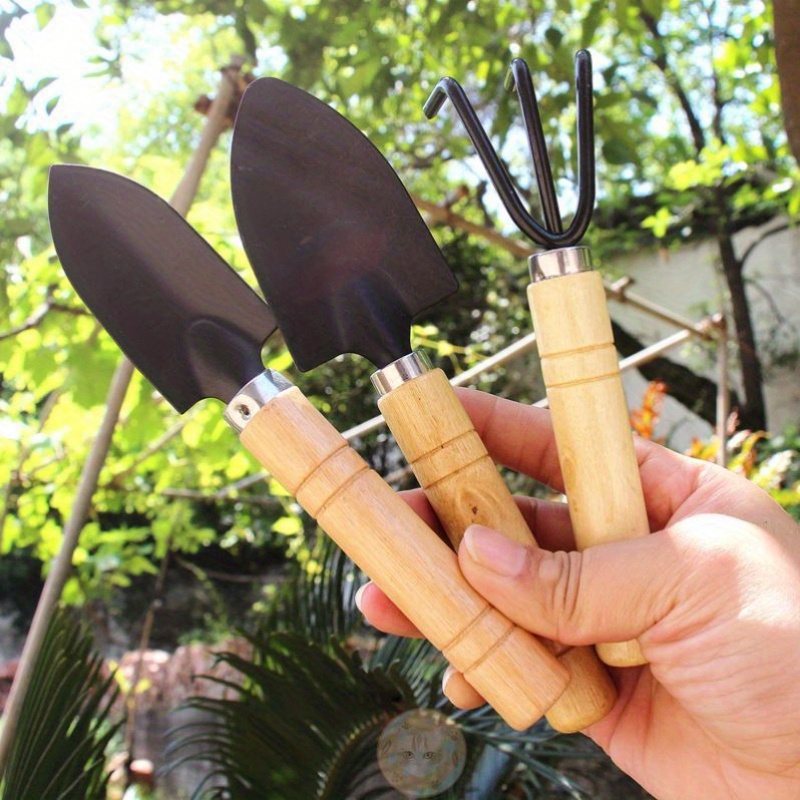 

3-piece Gardening Tool Set - Metal And Wood Hand Shovel, Trowel, And Rake - Manual Planting Tools For Potted Flowers And Plants