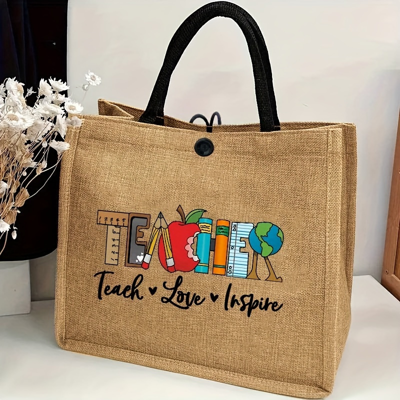 

Teacher's Day Themed Print Burlap Tote Bag, Large Capacity Shoulder Shopping Bag, Lightweight Handbag, Gift For Teacher