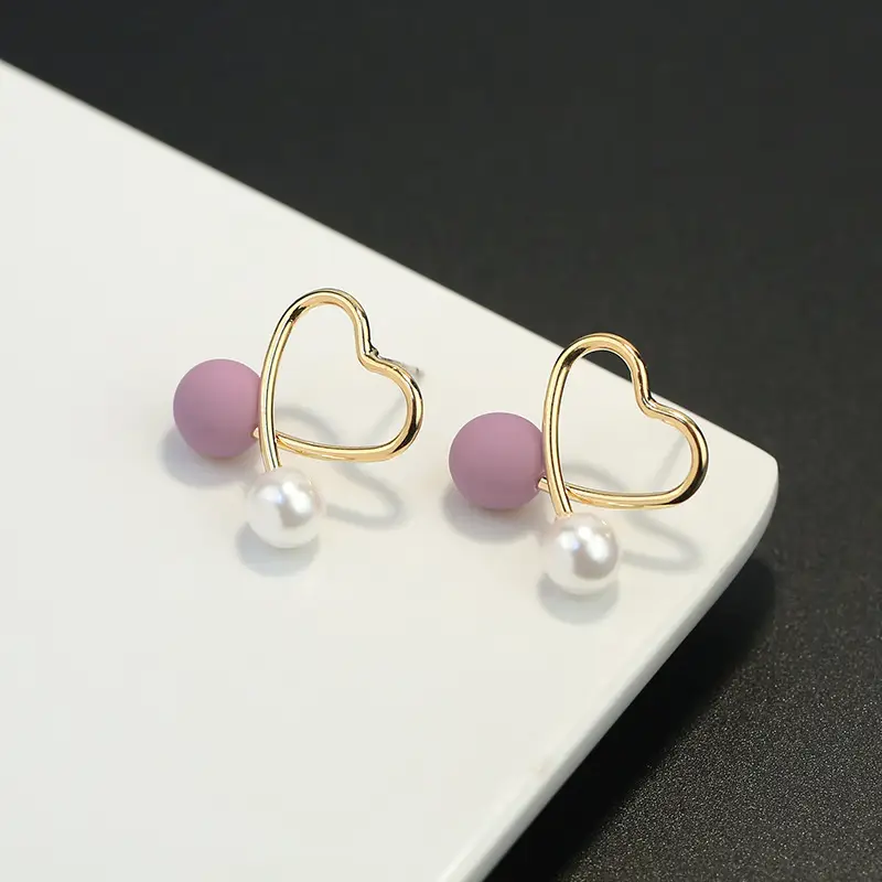 color matching pearl earrings fashionable heart shaped hollow earrings korean style sweet and elegant and compact earrings womens and girls simple and versatile jewelry details 2