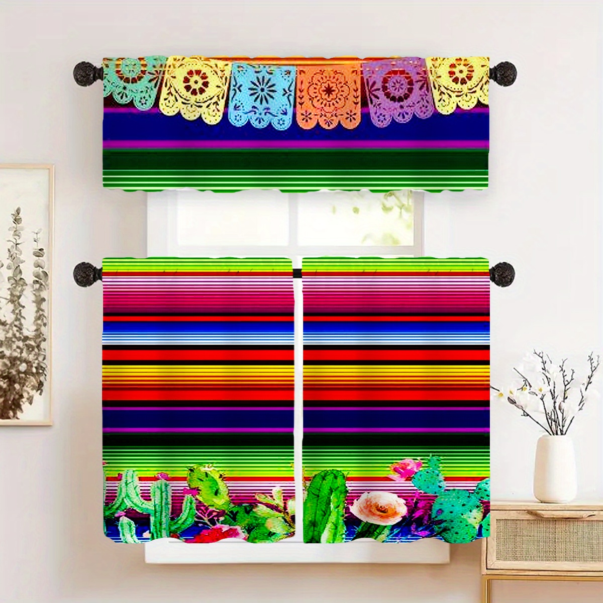 

Mexican Colorful Striped Cactus Sheer Curtain - Rod Pocket Design For Living Room, Bedroom, Kitchen, Bathroom, And More - Washable Polyester Decor, Perfect For Parties & Holidays, 1pc/2pcs Set