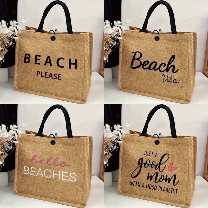 

Beach-themed Burlap Tote Bag, Large Capacity Casual Printed Shoulder Bag For Women - Ideal For Commuting, School, Shopping