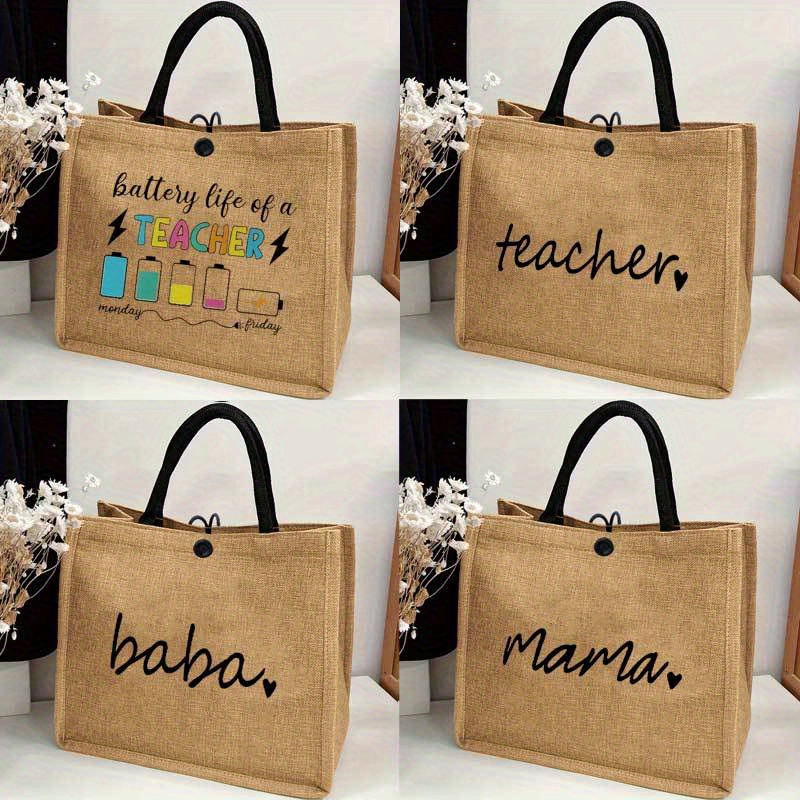 

Fashion Burlap Tote Bag With Teacher & Mama Print, Large Capacity Shoulder Shopping Bag, Lightweight Commuting, School Handbag
