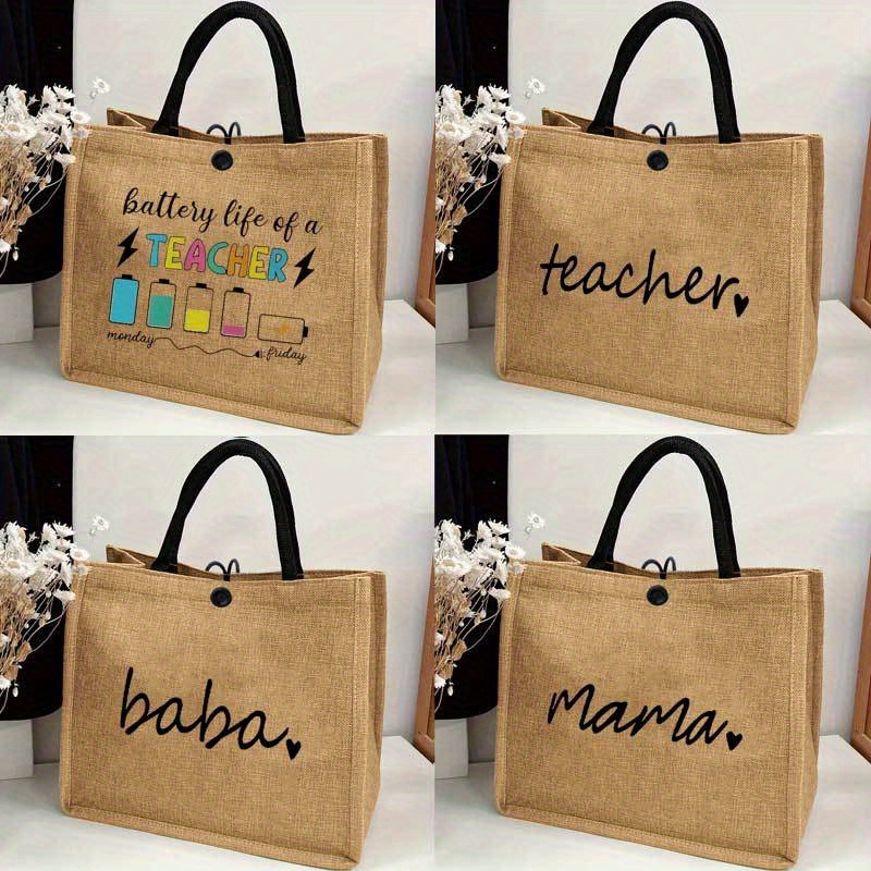 

Fashion Teacher & Mama Letter Print Burlap Tote Bag, Large Capacity Shoulder Shopping Bag, Lightweight Handbag For Teacher's Day & Mother's Day