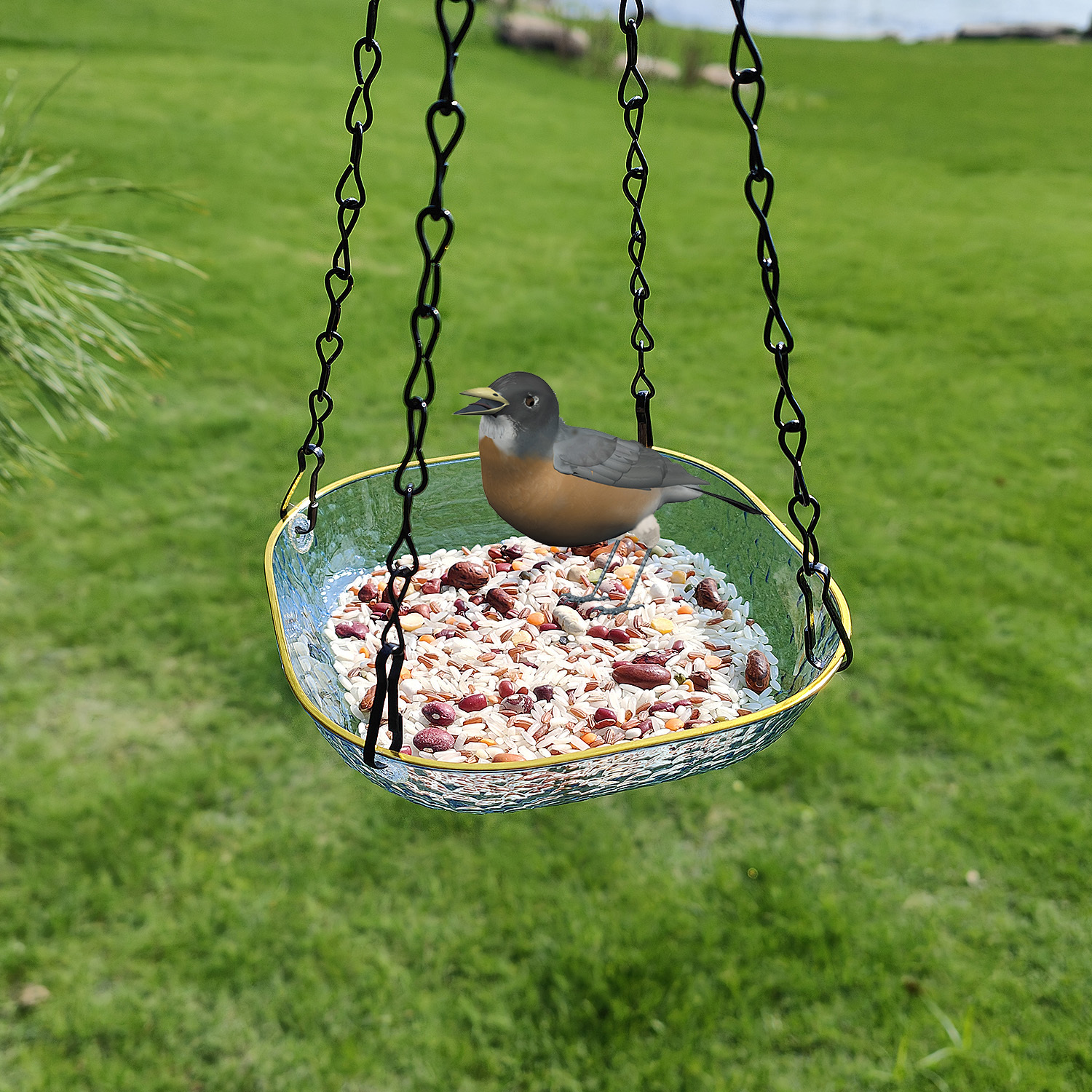 

Bird Bath Hanging Feeder And Waterer, Outdoor Garden Decor, Abs Material, Rock Pattern Design, Dual-purpose For Bird Feeding And Bathing, 4-chain Suspension Bird Feeder For Various Bird Species.