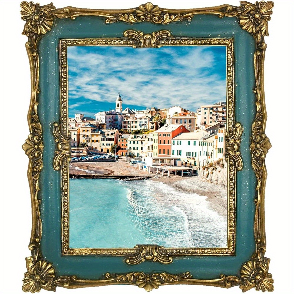 

Vintage Blue And Bronze Gold Picture Frame - 8x10 Antique Photo Frame With Glass Front For Tabletop Or Wall Display