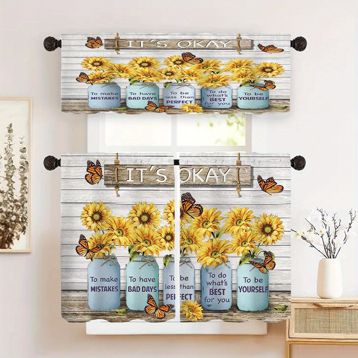 

Sunflower & Butterfly Wooden Vase Printed Curtains - Semi-sheer, Rod Pocket Design For Living Room, Bedroom, Kitchen, Bathroom, And More - Washable Polyester Farmhouse Decor, 1pc/2pcs Set