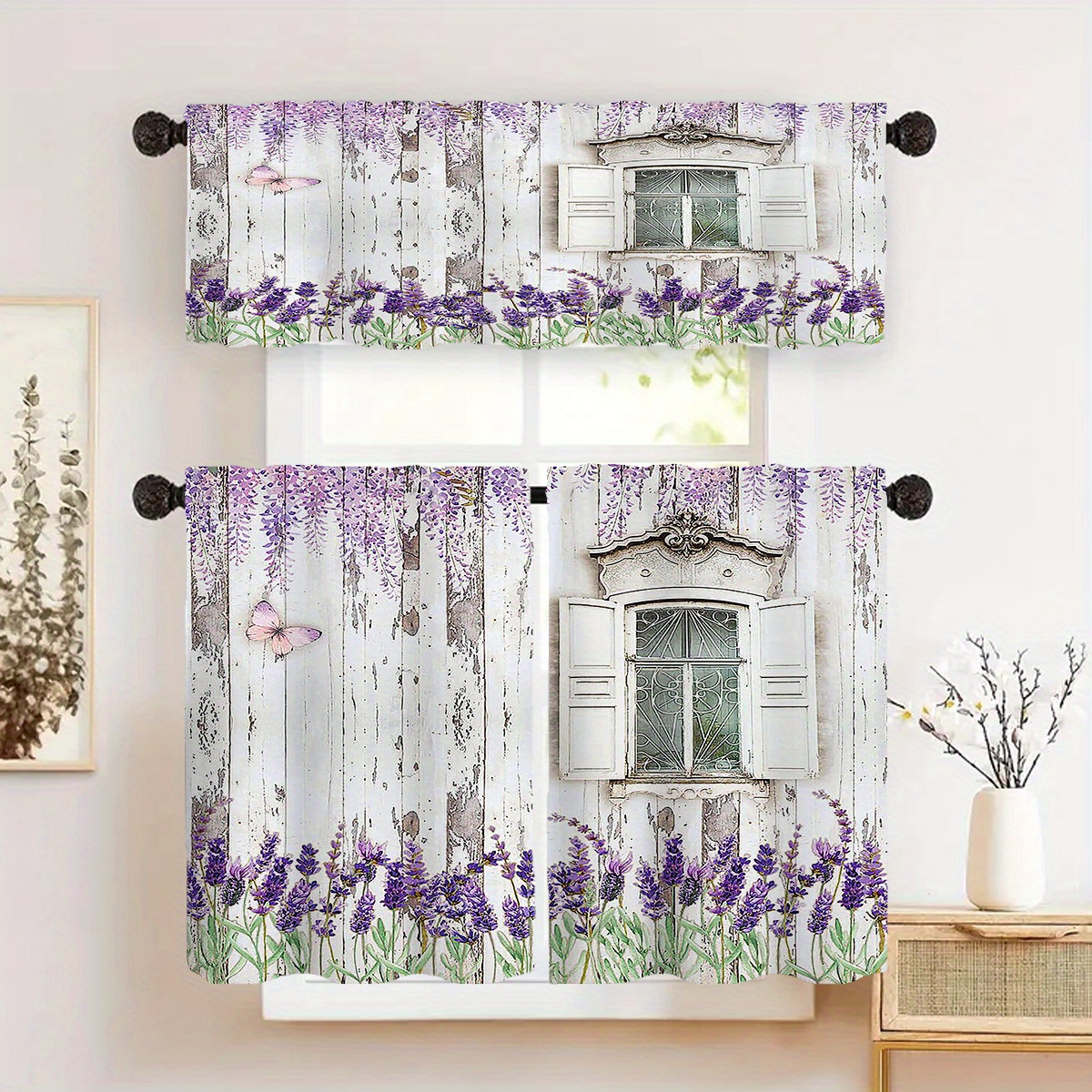 

Lavender Butterfly Sheer Curtain - Rod Pocket Design For Easy Hanging, Perfect For Living Room, Bedroom, Kitchen & More - Washable Polyester, Rustic Style, 1pc/2pc Set
