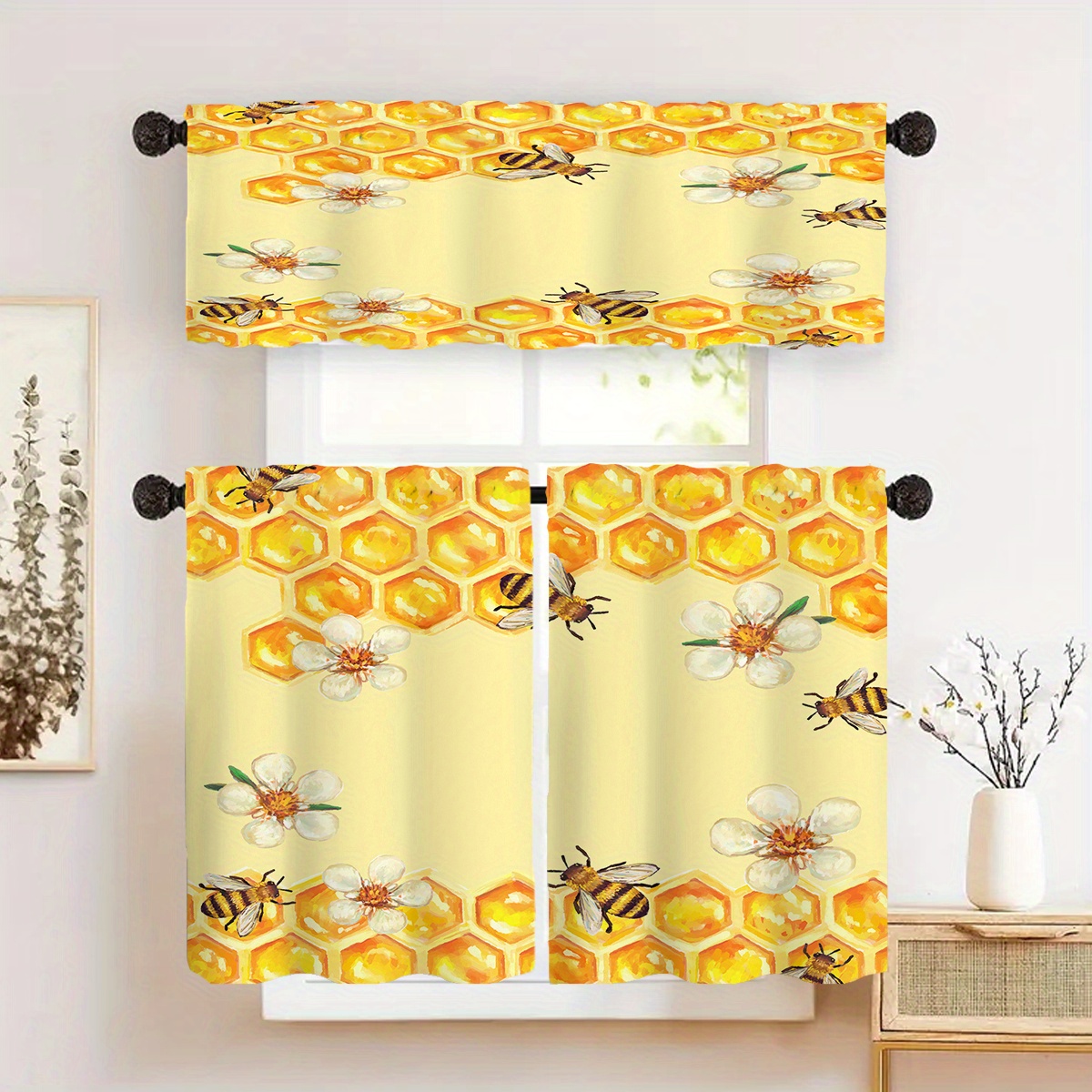 

Bee & Floral Honeycomb Sheer Curtains - 1pc/2pcs Set, Semi-transparent Rod Pocket Drapes For Living Room, Bedroom, Kitchen, Bathroom, Perfect For Home & Cafe Decor, Washable Polyester