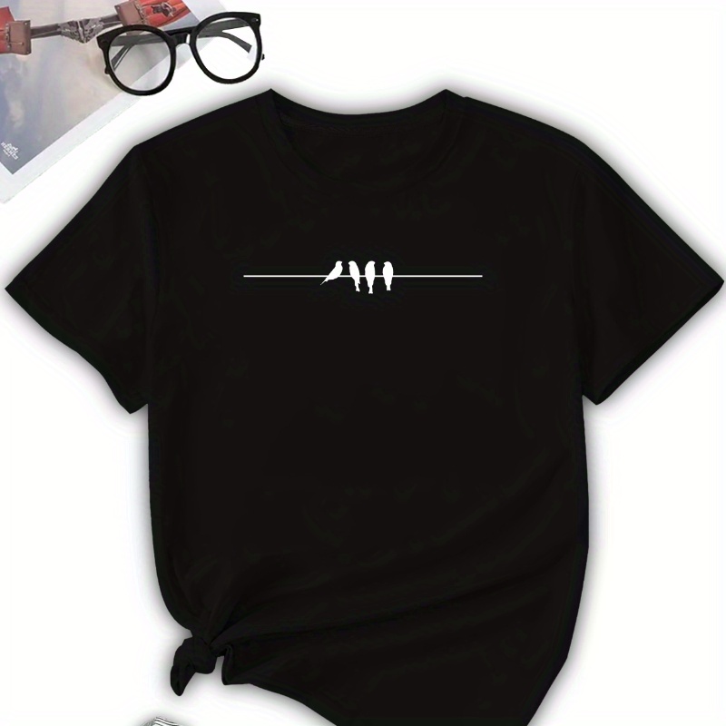 

Bird Print T-shirt, Short Sleeve Crew Neck Casual Top For Summer & Spring, Women's Clothing