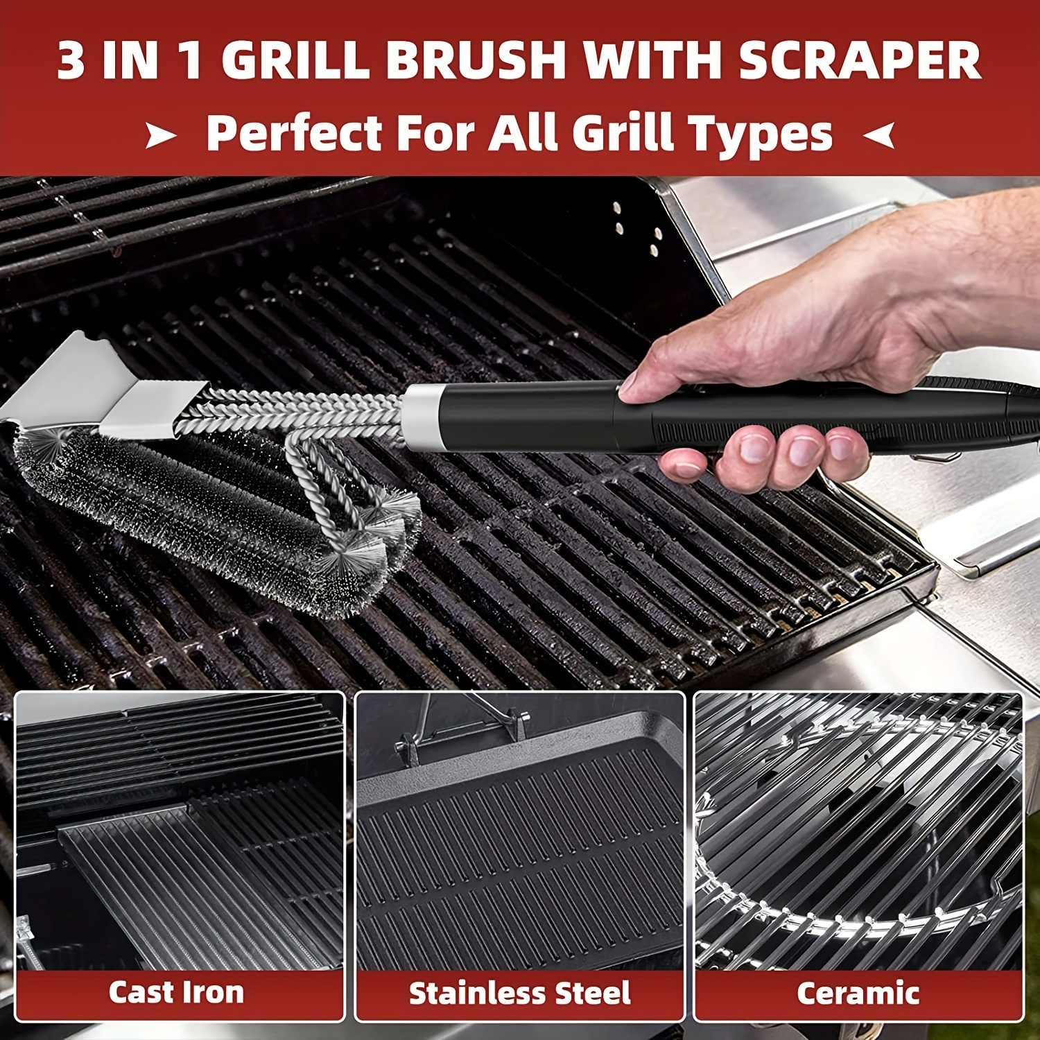 

3-in-1 Bbq Grill Cleaning Brush - 18" Stainless Steel Scraper & Bristle Brush For Gas, Porcelain, Charcoal Grills - Perfect Gift For Men, Dad, Boyfriend Grill Brush Grill Cleaning Tool