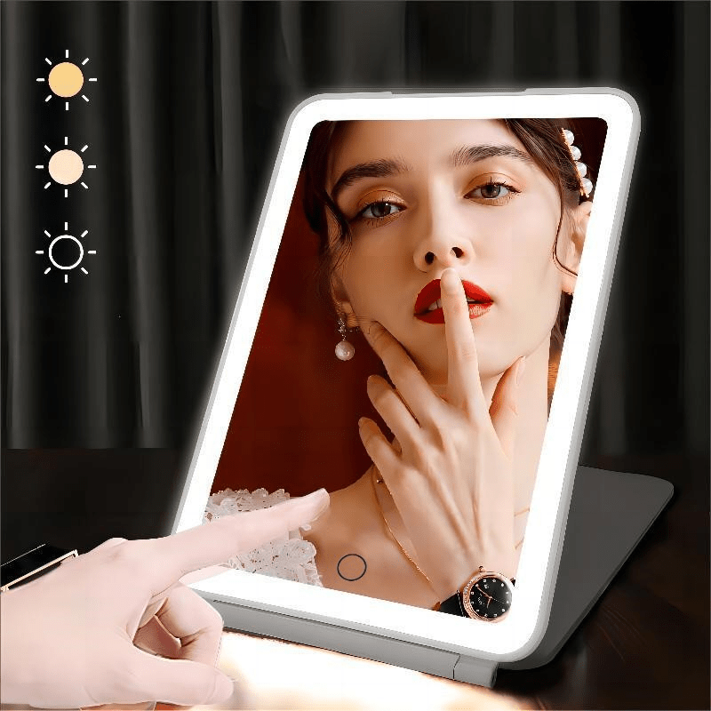 

Led Travel Makeup Mirror With Light, Portable Lighted Vanity Mirror 3 Color Dimmable Lighting, Rechargeable Tabletop Led Folding Cosmetic Mirror With Lights For Travel & Women, White