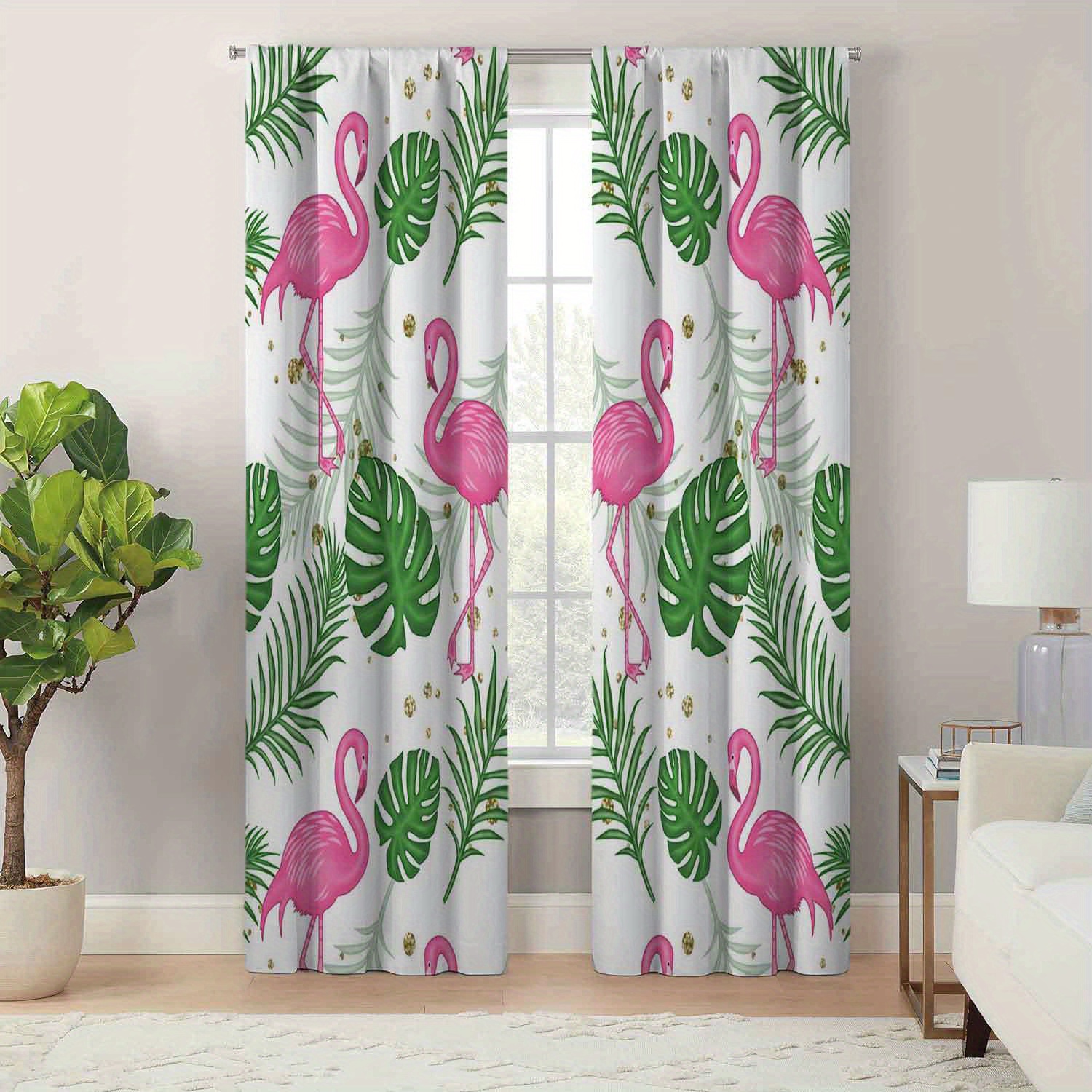 

Boho Chic Palm Leaf & Flamingo Print Curtains - Easy-care, Durable Polyester For Living Room & Bedroom Decor