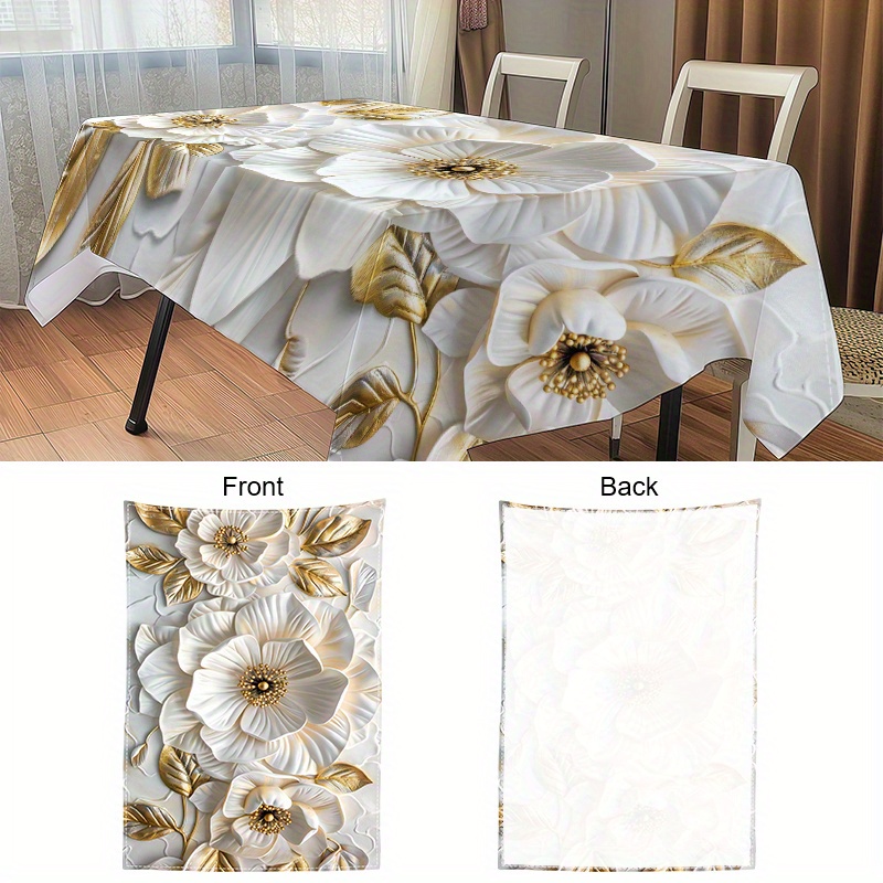 

Elegant Floral Tablecloth With 3d Golden Accents – Polyester Rectangular Table Cover For Dining, Kitchen, And Party Decor, 70 X 42 Inches
