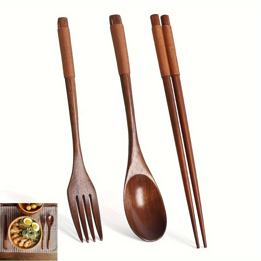 

3 Piece Natural Wood Dinnerware Set - Handmade Wooden Spoon, Fork, And Chopsticks - Uncharged Grain Kitchen Tableware Set For Rice & Soup
