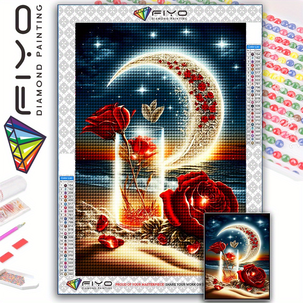 

5d Diamond Art Painting Kit, Moon Red Rose Diy 5d Full Drill Diamond Art Kits Diamond Painting Crafts For Adults, Beginners, Full Drill Round Diamond Art Kits For Wall Decor 13.8x17.7in