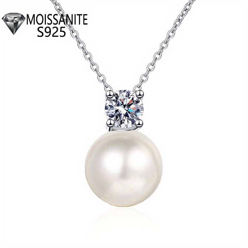 

Elegant 925 Sterling Silver Necklace With 0.5 Carat Moissanite And Pearl Pendant, Fashion Jewelry, , Gift For Women, With Gift Box, Ideal For Birthday, Anniversary, Valentine's, Day, 4.5g