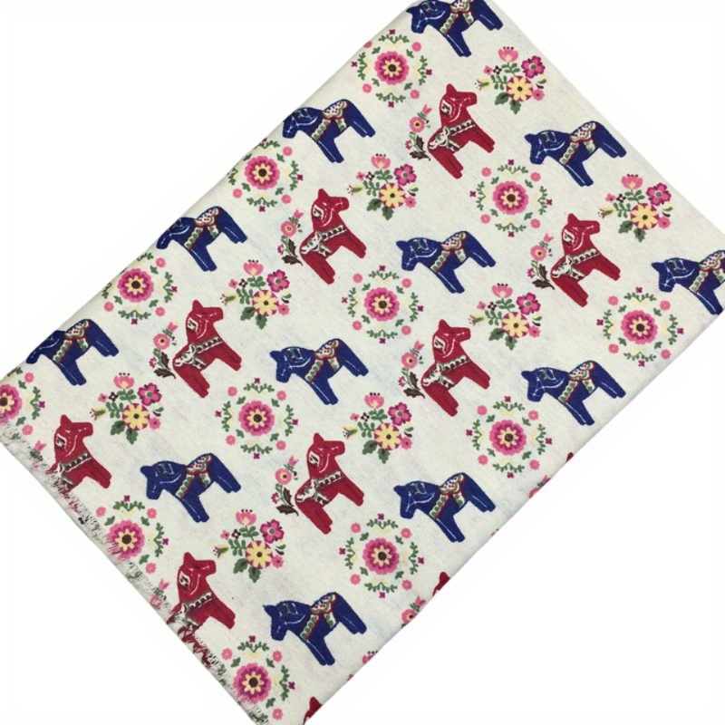 

Cotton Linen Fabric With Dala Horse And Floral Print - Craft And Tablecloth Material, 19.6" X 58.3" For Diy Sewing Projects (1 Piece)